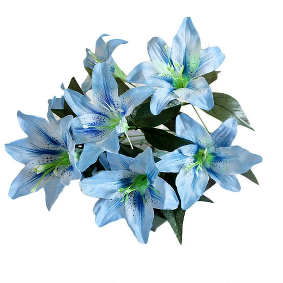 10 Heads Artifical Lilies Flowers, Fake Silk Flowers, UV Resistant Faux Lily Bouquets for Wedding Party Home Hotel Garden Indoor Outdoor Decor (Blue)