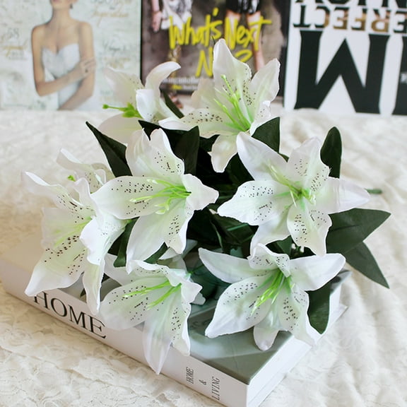10 Heads Artificial Lily Flower, Realistic Touch Stargazer Lily, Faux Lily Flower Fake Floral with Rods for Home Party Wedding Table Centerpiece Garden DIY Craft Decoration, A