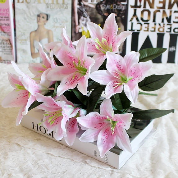 10 Heads Artificial Silk Lily Flowers Bouquet 16.54 Inch Diameter for Wedding Home Decor
