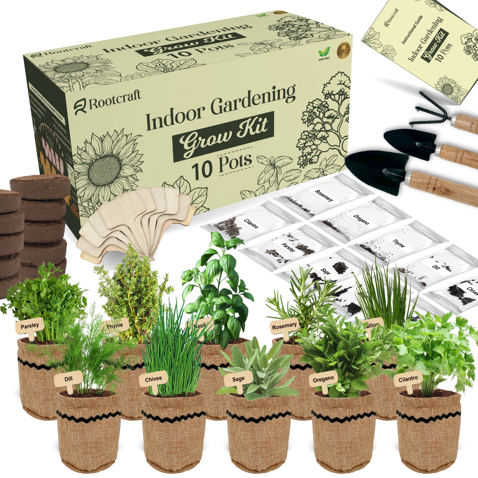 10 Herb Garden Planter Indoor Kit, 44pcs Complete Kitchen Herb Starter Set Including Burlap Pots, Markers, Soil Discs, Gardening Tools, Unique Easter/Birthday/Christmas Gift Ideas for Women, Mom