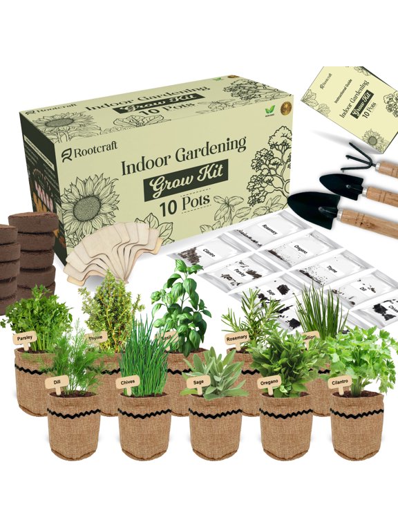10 Herb Garden Planter Indoor Kit, 44pcs Complete Kitchen Herb Starter Set Including Burlap Pots, Markers, Soil Discs, Gardening Tools, Unique Easter/Birthday/Christmas Gift Ideas for Women, Mom