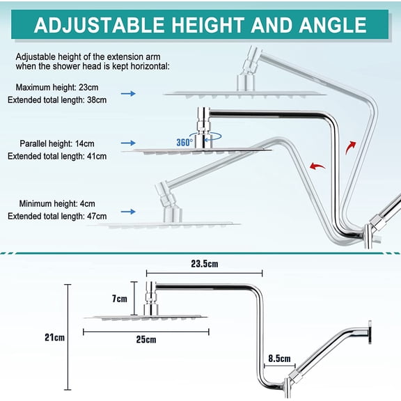 10" High Pressure Rainfall Shower Head with Handheld Combo, Upgrade 12" Extension Arm Height Adjustable, Powerful Stainless Steel Shower Head, Brass Shower Holder Extra Long Shower Hose, Chrome
