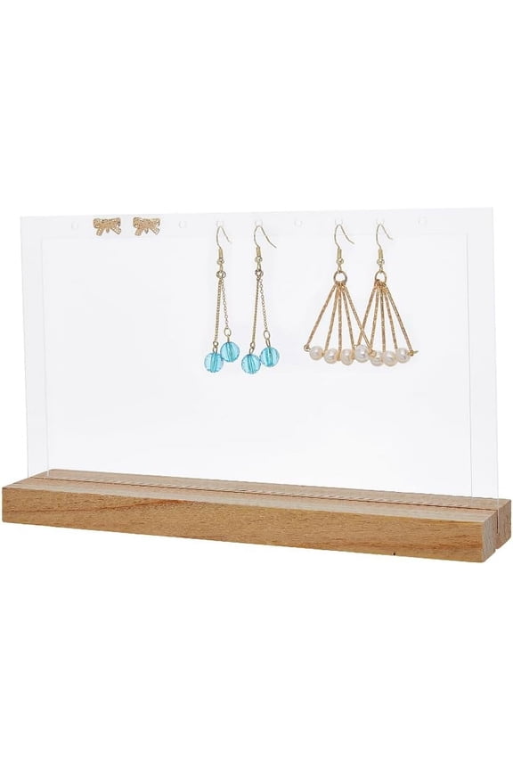 10-Hole Acrylic Hanger Earrings Display Stand with Wooden Base Cute Jewelry Stand Organizer Ear Studs Display Rack Earring Rack Holder for Retail Show Earrings Storage 5x20x12.8cmClear