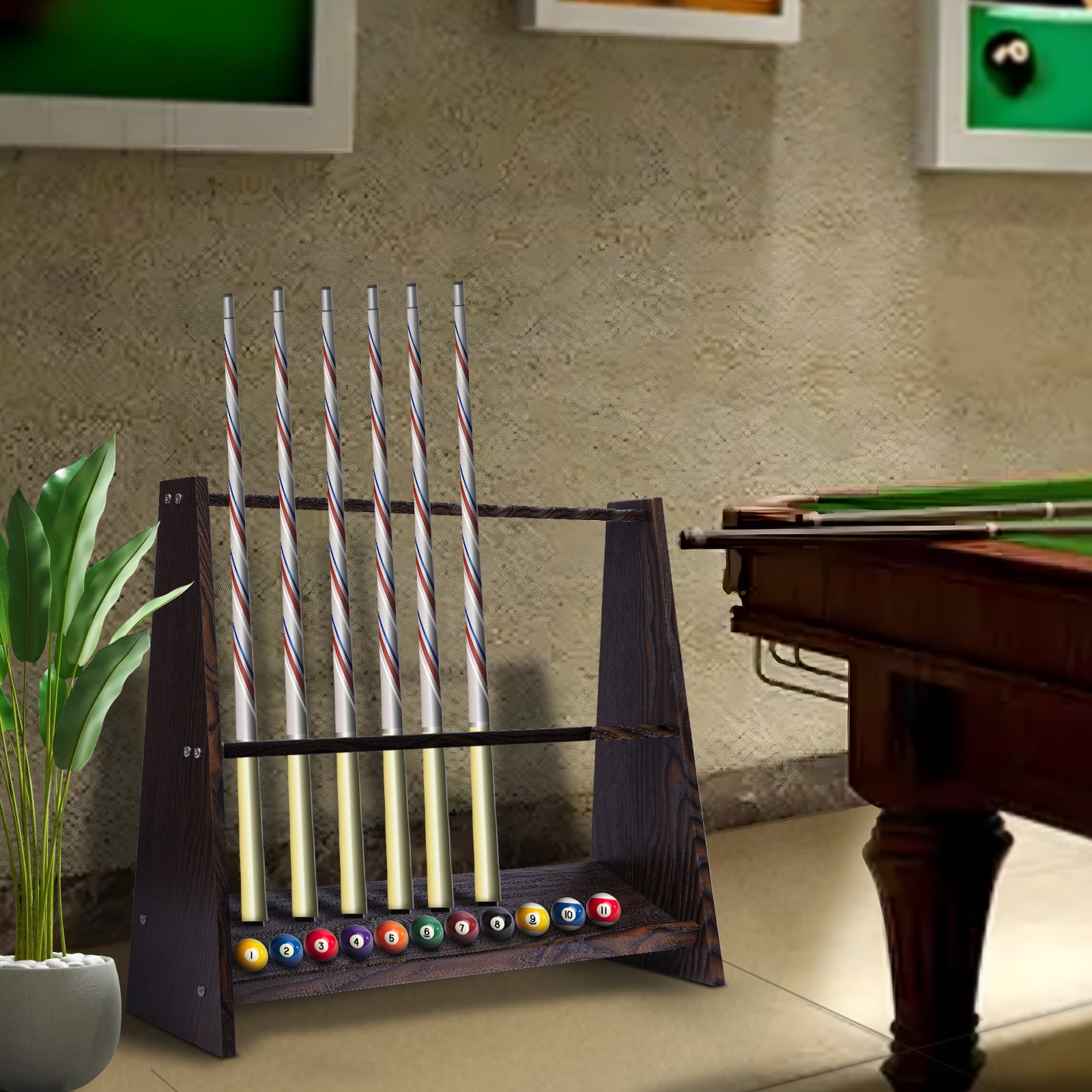 10-Hole Billiard Cue Rack, Retro Woodgrain Design with Raised Base, Eco ...