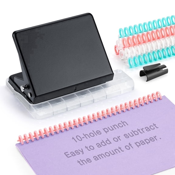 10 Hole Punch Binding Machine for Planners, With 10 Multi-Color 30-Hole Loose Leaf Binding Spines, Punches 26 Holes on B5, 30 Holes on A4, 20 Holes on A5 Paper