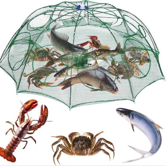 10-Hole Foldable Fishing Net Trap with Bait Pouch, Umbrella-Style Cast Net for Crabs, Shrimp, Crayfish, Eel and Small Fish Durable Nylon Mesh, Portable & Easy Storage,
