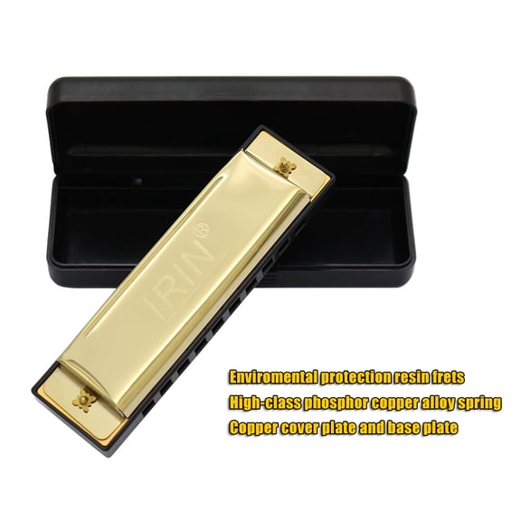 10 Holes 20 Tone Diatonic Blues Harmonica Key of C with Case for Beginner Children Golden