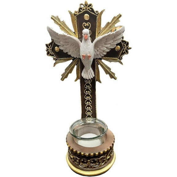 10" Holy Spirit Standing Cross with Candle Decorative Resin Figurine for Altar or Home