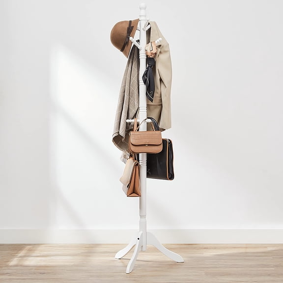 10-Hook Solid Wood Coat Rack, Rubberwood Freestanding Hall Tree for Entryway, Hallway Storage of Hats, Bags and Purses