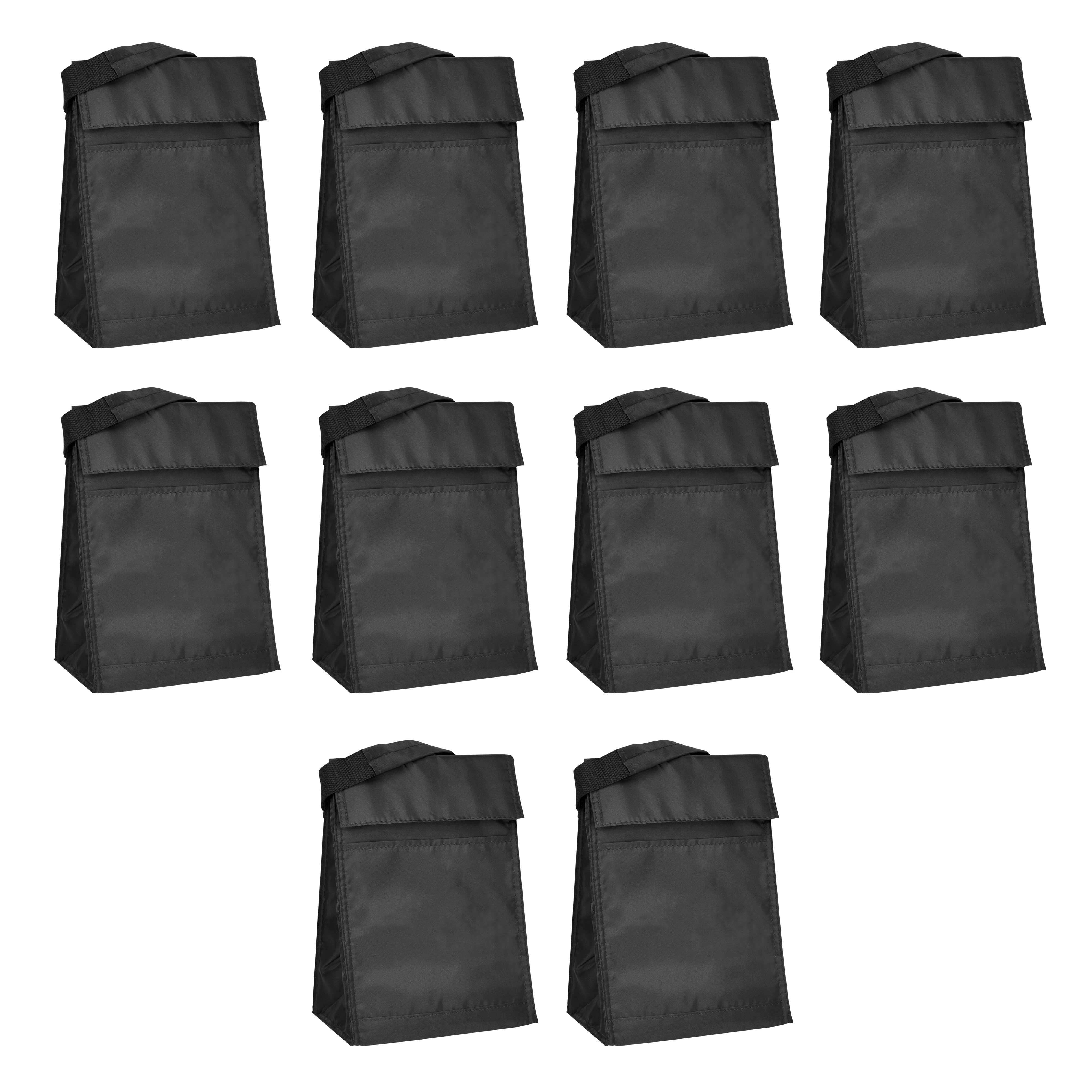 10 Hook and Loop Insulated Lunch Bags Set - Polyester, Durable, Vibrant, Reusable - Black