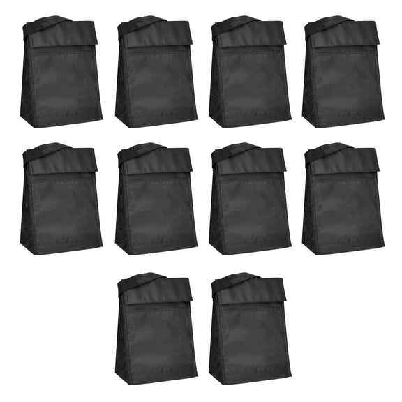 10 Hook and Loop Insulated Lunch Bags Set - Polyester, Durable, Vibrant, Reusable - Black