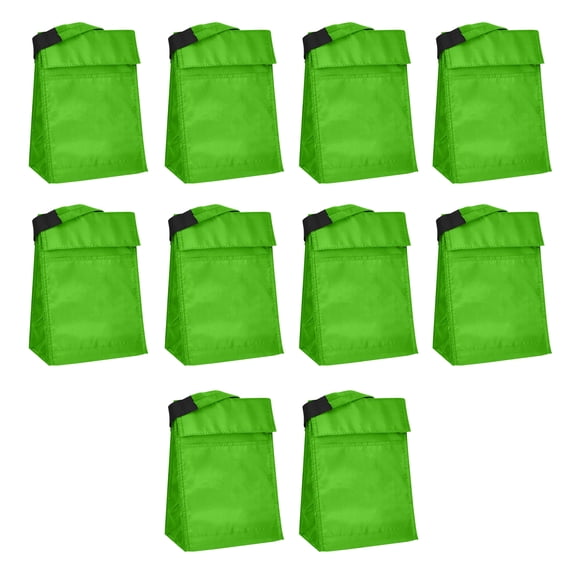 10 Hook and Loop Insulated Lunch Bags Set - Polyester, Durable, Vibrant, Reusable - Green