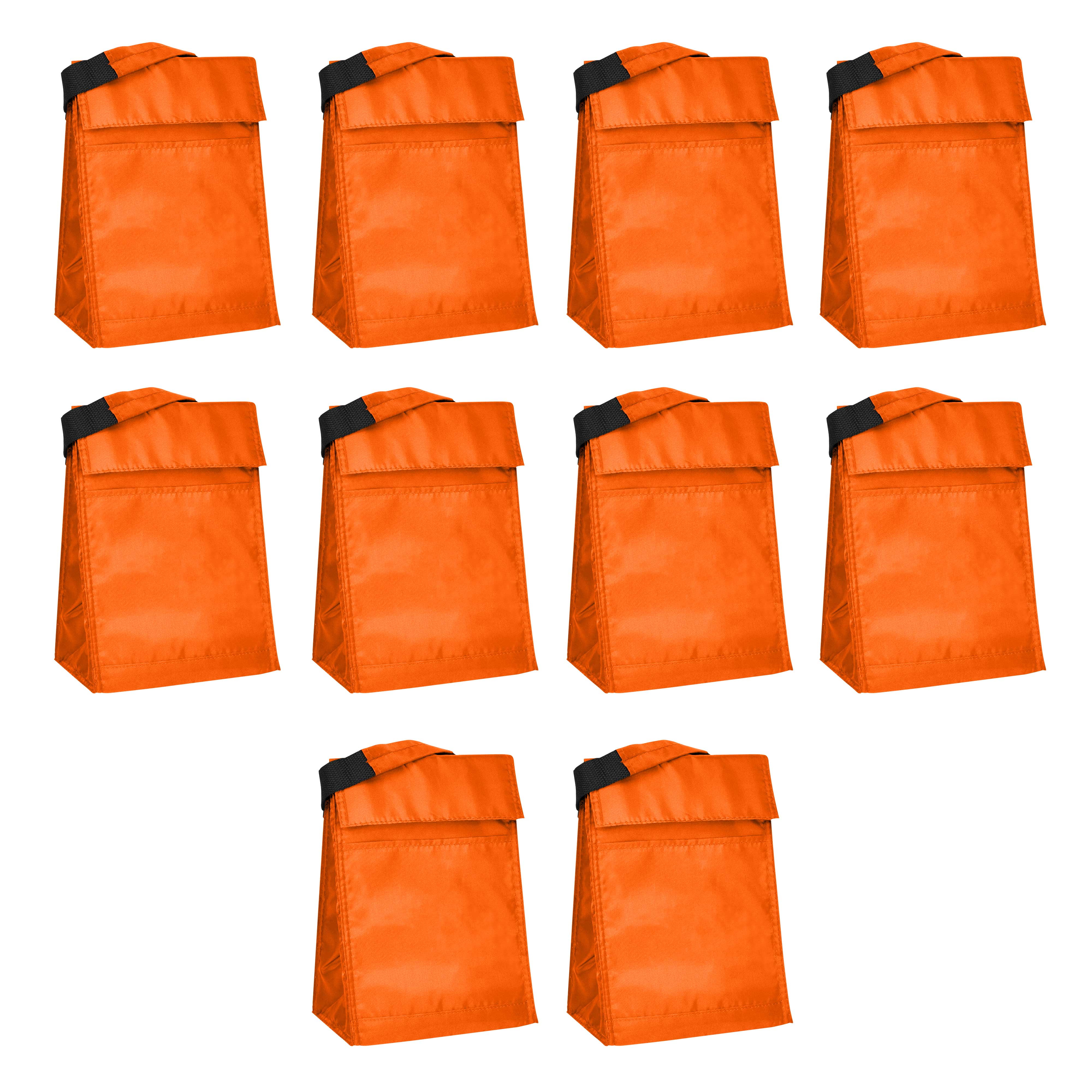 10 Hook and Loop Insulated Lunch Bags Set - Polyester, Durable, Vibrant, Reusable - Orange