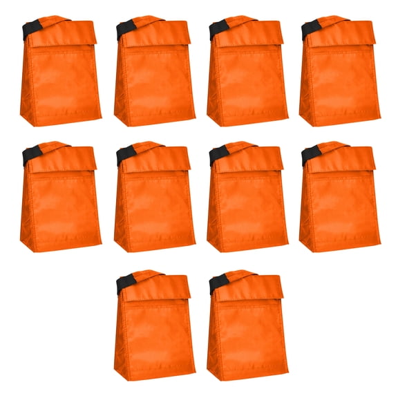 10 Hook and Loop Insulated Lunch Bags Set - Polyester, Durable, Vibrant, Reusable - Orange