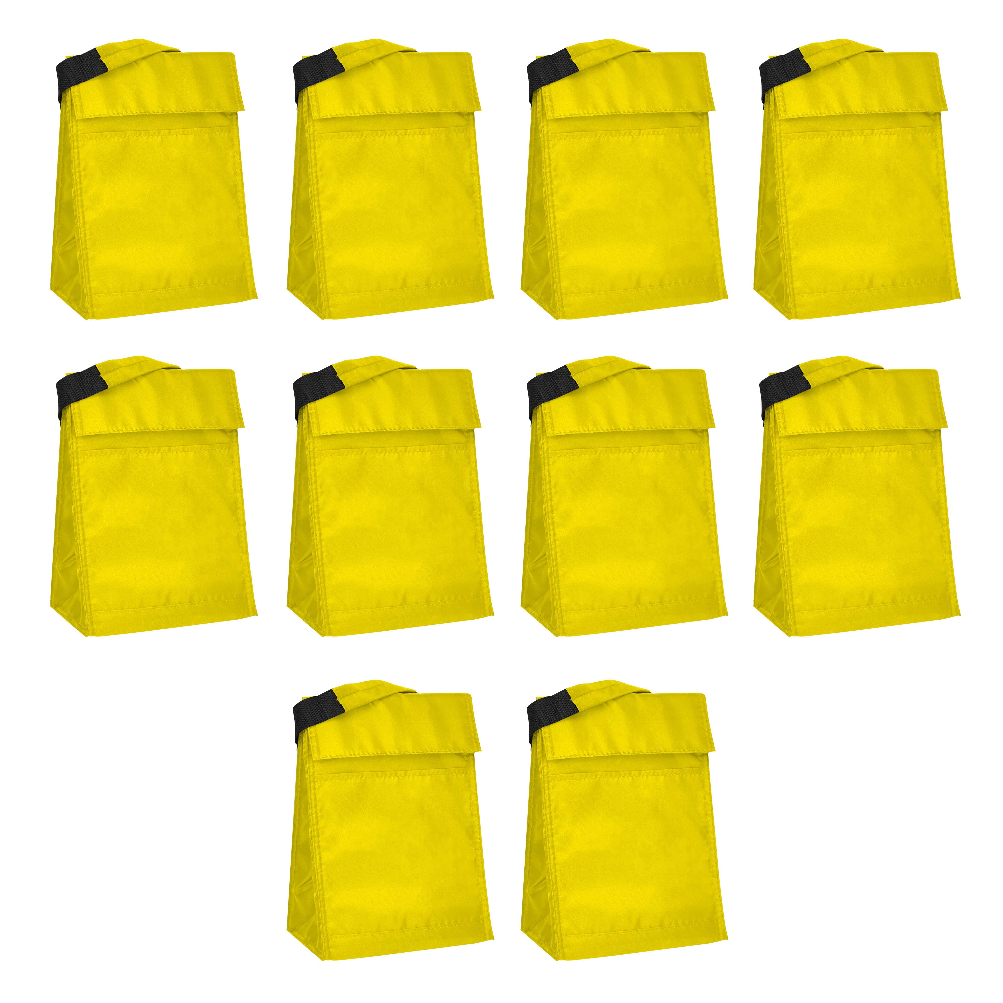 10 Hook and Loop Insulated Lunch Bags Set - Polyester, Durable, Vibrant, Reusable - Yellow