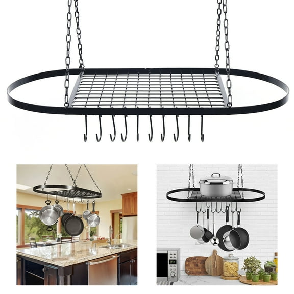 10 Hooks Ceiling Mounted Torage Rack Black Oval Kitchenware Holder Hanging Storage Shelf with Sturdy Chains