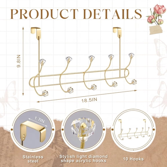 10 Hooks Over Door Towel Rack with Crystal Knobs, No Drill Heavy Duty Hanger Organizer for Bathroom Bedroom Closet, Holds Coats Towels Robes Bags Purses, Gold