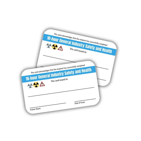10 Hour General Industry Safety and Health Certification Card 5pk 2x3.5 Plastic Pocket Wallet OSH Signature Training Study Guide
