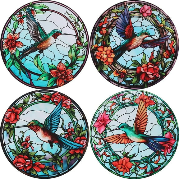 10" Hummingbird Window Decals 4 Styles Flower Static Film Clings Round Non Adhesive Reusable Removable PVC Waterproof Glass Decorative Wall Stickers Anti-Collision for DIY Making