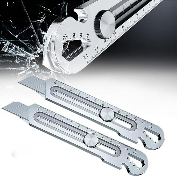10-In-1 Mutipurpose Utility Knife, 2 Pack Stainless Steel Retractable Box Cutter, Multi-functional Extended Razor Knife for Office, Home (Silver)