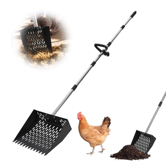 10-Inch 2-in-1 Chicken Poop Scooper & Rake with Adjustable 24"-68.9" Handle – Stainless Steel Coop Rake, Litter Scooper & Sand Sifting Shovel for Chicken Coops, Farm & Barn Cleaning