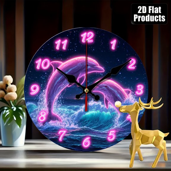 10Inch 2D Flat Pink Dolphins Starry Ocean Fantasy Silent Wall Clock, Quartz Movement, Durable Wooden Structure, Decor for Home, Office and Bedroom, Preferred Holiday Gift, Batteries Not Included