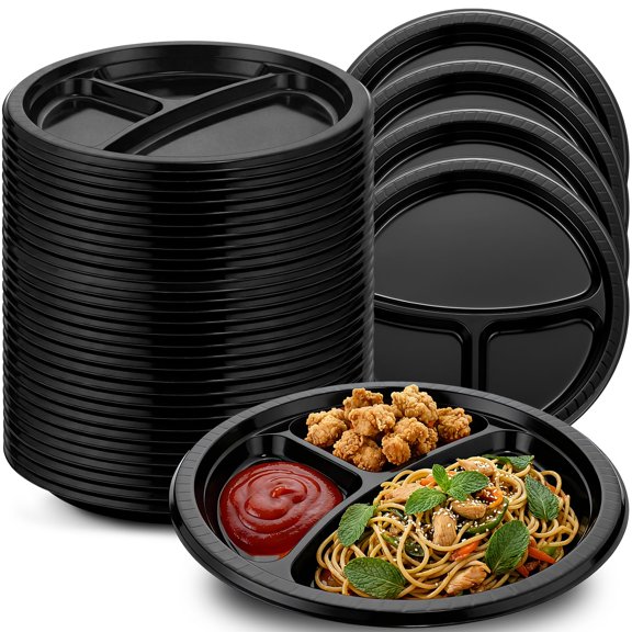 10 Inch 3-Compartment Black Disposable Plastic Plates For Party Events