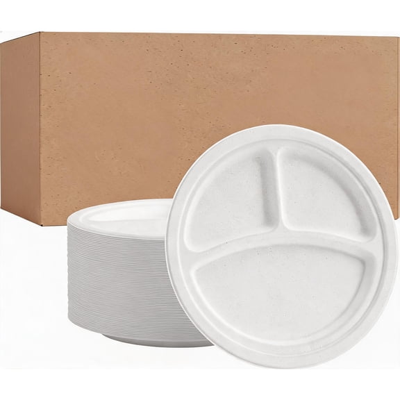 10 Inch 3 Compartment Compostable Paper Plates 500 Count White
