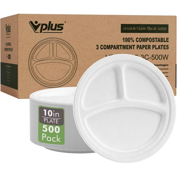 10 Inch 3 Compartment Compostable Paper Plates 500 Pack White