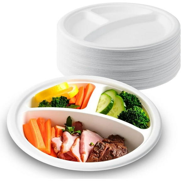 10 Inch 3 Compartment Paper Plates White 155 Pack, Compostable Divided Plates, Sugarcane Bagasse, Heavy Duty Disposable Plates for Party, BBQ, Picnic, Catering