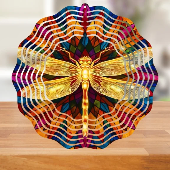 10 Inch 3D Metal Wind Spinner Dragonfly Stained Glass Style Outdoor Garden Decor