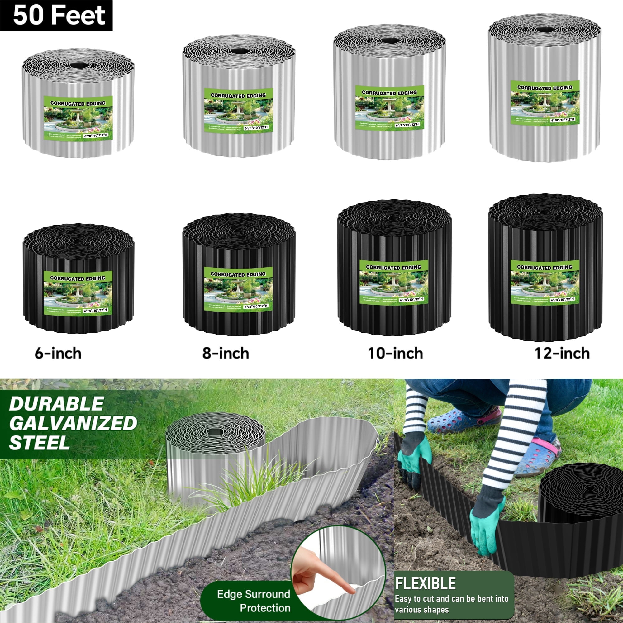 10 Inch 50 FT Garden Landscape Edging Border Galvanized Sturdy Metal Hemmed DIY Edging for Landscaping Lawn Flower Beds Patio Pathway Divider Design, Silver
