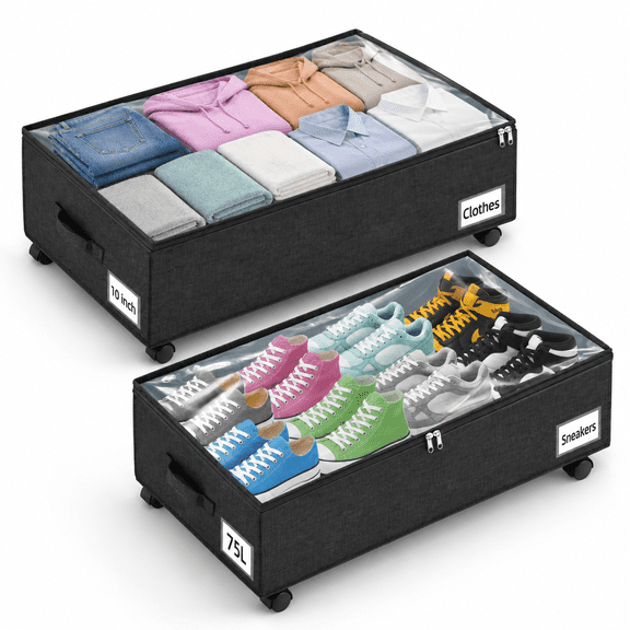 10 Inch 75L Low Profile Under Bed Storage Bins With Wheels 2 Pack Black