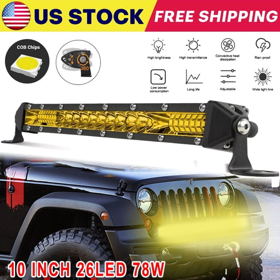 10 Inch 78W Amber LED Light Bar, Combo Spot Flood Beam Offroad LED Pod Light, IP68 Waterproof Slim Single Row LED Work Light for Jeep ATV UTV Truck SUV Off Road Driving Fog Lamp