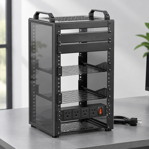 10-Inch 9U Mini Server Rack, Open-Frame Network Rack with Rack-Mount PDU Power Strip