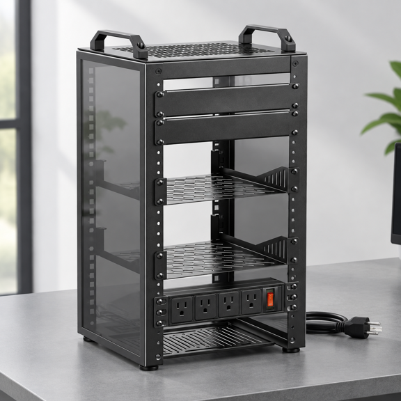 10-Inch 9U Mini Server Rack, Open-Frame Network Rack with Rack-Mount PDU Power Strip