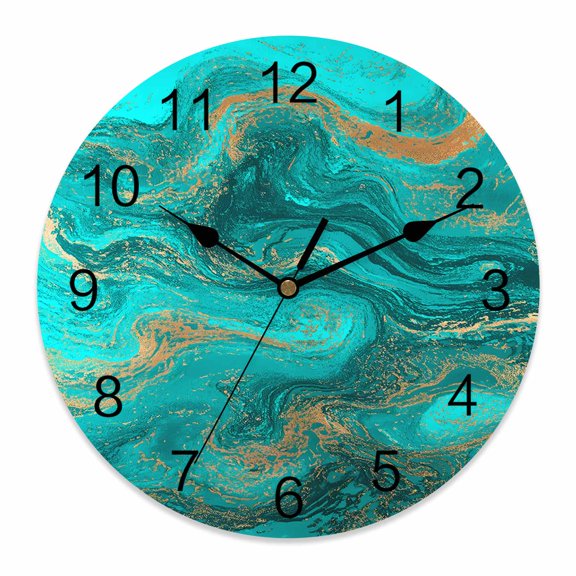 10 Inch Abstract Blue Fluid Wall Clock, Vintage Gold Green Marble Texture Battery Operated Silent Non Ticking Clocks, Easy to Read Round Wall Clock for Kitchen/Living Room/Bedroom/Bathroom