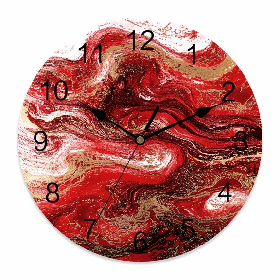 10 Inch Abstract Fluid Wall Clock, Vintage Gold Red Marble Texture Battery Operated Silent Non Ticking Clocks, Easy to Read Round Wall Clock for Kitchen/Living Room/Bedroom/Bathroom