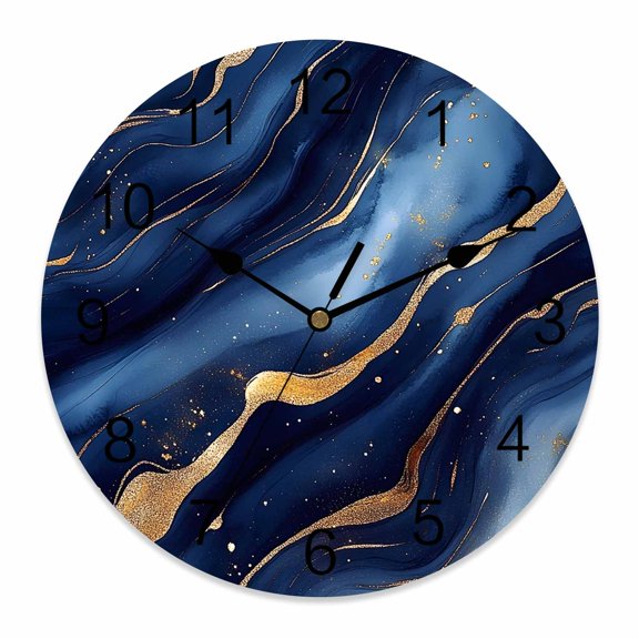 10 Inch Abstract Marble Wall Clock, Gold Navy Texture Modern Style Simple Battery Operated Silent Non Ticking Clocks, Easy to Read Round Wall Clock for Kitchen/Living Room/Bedroom/Bathroom