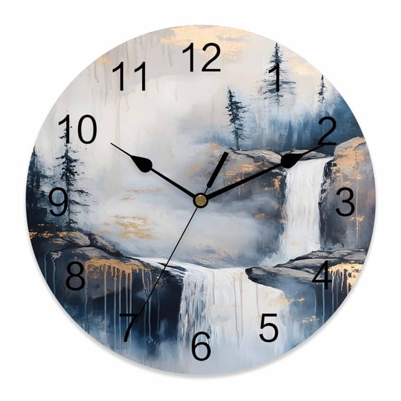 10 Inch Abstract Scenery Art Wall Clock, Mountain Waterfall Trees Watercolor Battery Operated Silent Non Ticking Clocks, Easy to Read Round Wall Clock for Kitchen/Living Room/Bedroom/Bathroom