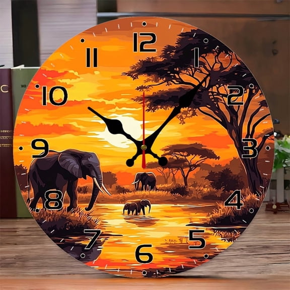 10Inch African Elephant Sunset Silent Round Wall Clock, Wood Veneer with Savannah Elephant Print, Decor for Living Room and Bedroom, Nice Holiday Gift for Indoor & Outdoor, AA Batteries Not Included