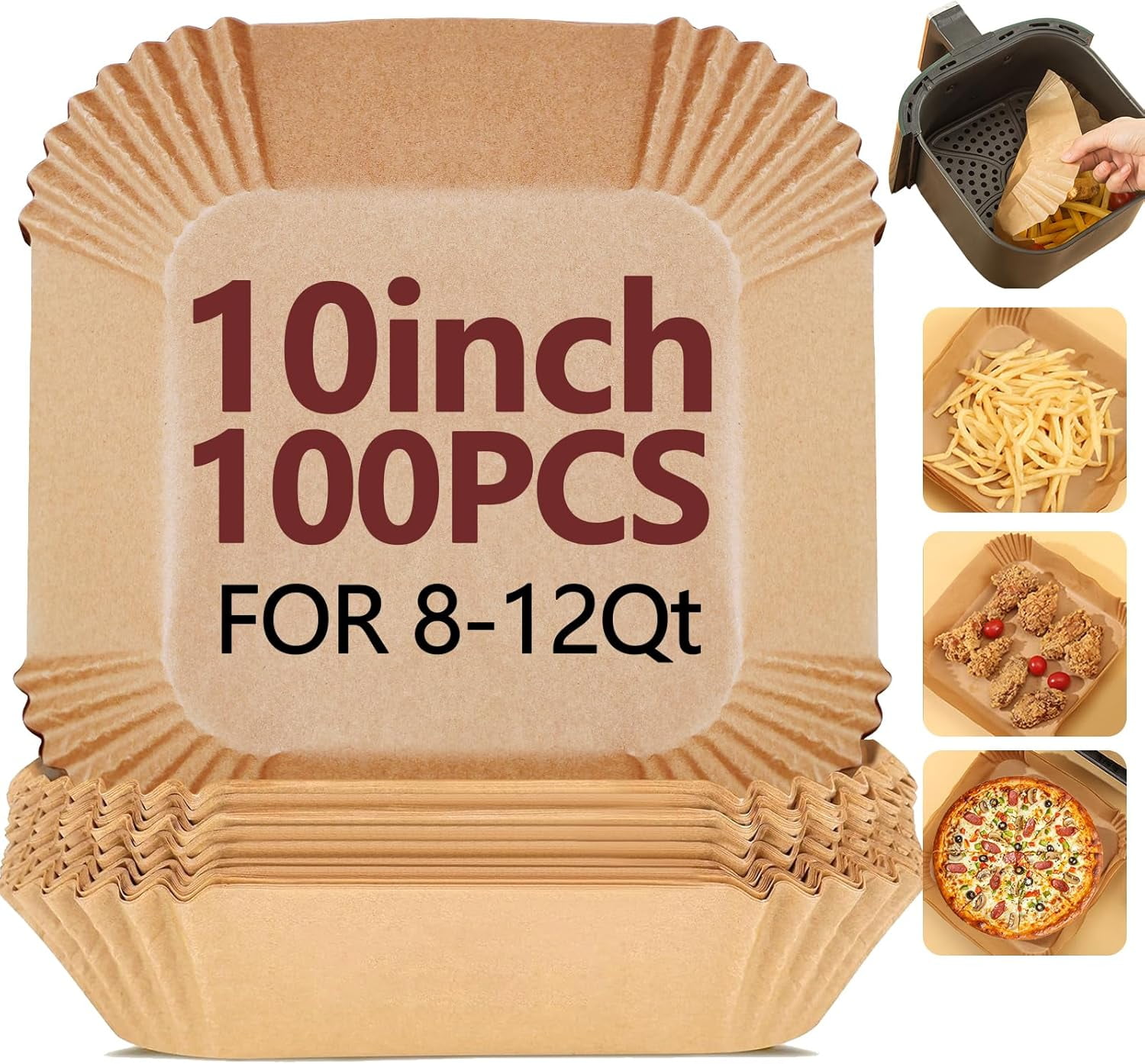 10 Inch Disposable-100PCS Square Parchment Paper Liners,Heat Resistant & Non-Stick,Unbleached Liners for Air Fryer,Oven,Roasting,Baking,Microwave（Bottom is 9 Inch）