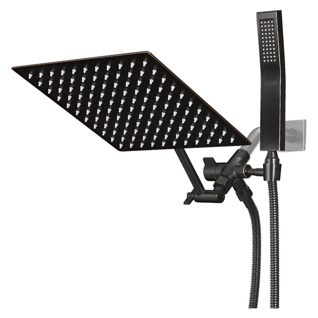 All Metal Rain Shower Head Combo With Handheld - 8 Inch High Pressure, Matte Black, Adjustable Arm