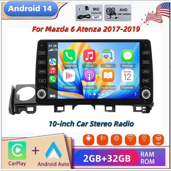 10 Inch Android 14 Car Stereo for Mazda 6 Atenza 2017-2019 (LHD) High and Base Trim , Quad-Core 2GB RAM+64GB ROM Car Radio Built-in Wireless CarPlay & Android Auto, with AHD Backup Camera & Mic