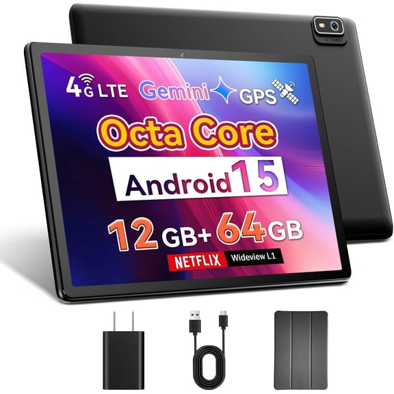 10 Inch Android 15 Tablet with SIM Card Slot Uncloked,4G Cellular Tablet Phone, Octa-Core, 12GB+64GB, 2TB Expandable, Dual Cameras, 2.4G/5G WiFi, BT5.0, GPS (Case Included)