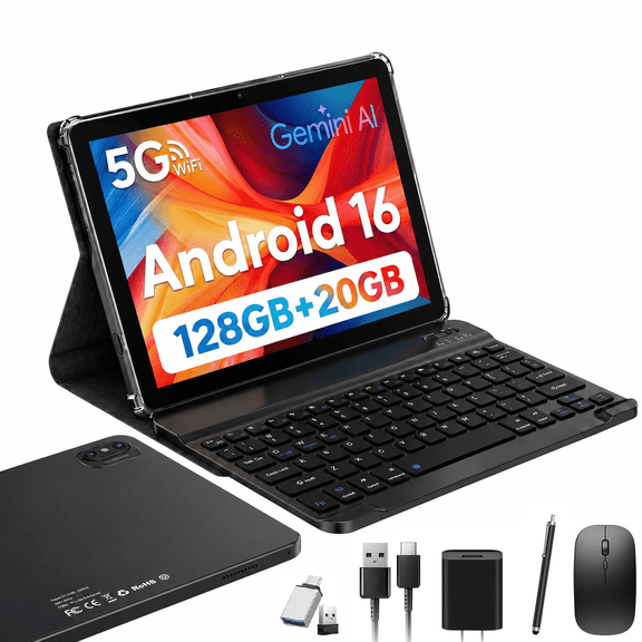 10 Inch Android 16 Tablet,128GB + 20GB,MTK67698,Octa-Core, 5G WIFI, 7000mAh Battery,Face Unclock,13MP+8MP Dual Camera, Gemini AI, BT5.0, GPS,2 in 1 Tablets with Keyboard Mouse Stylus,School Tablets