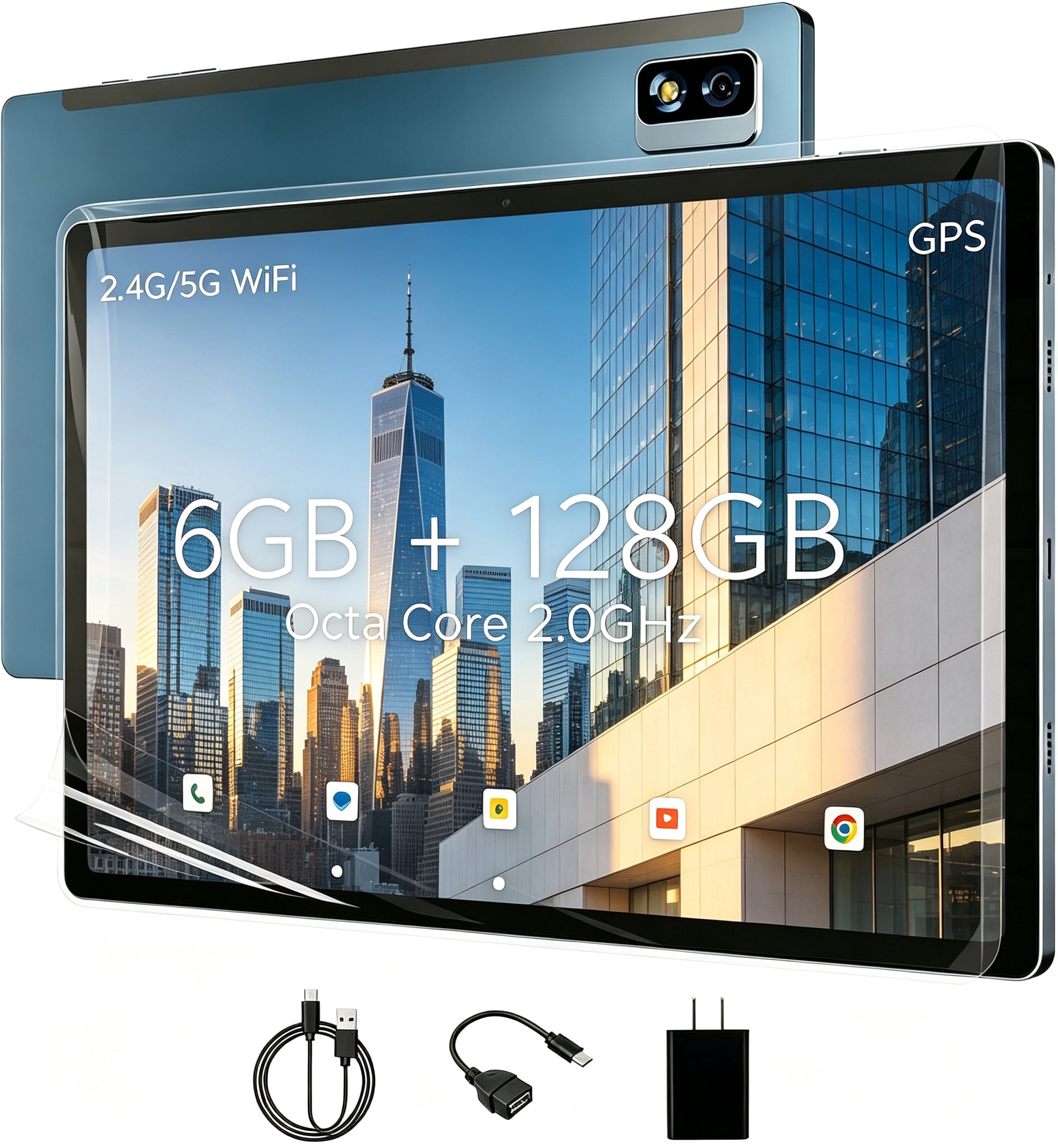 10 Inch Android Tablet, 2K FHD IPS Touchscreen, 2.0GHz Octa-Core T618 Processor, 6GB RAM 128GB ROM (1TB Expandable), 7000mAh Battery, 5G WiFi, GPS, Dual Camera with Protective Case