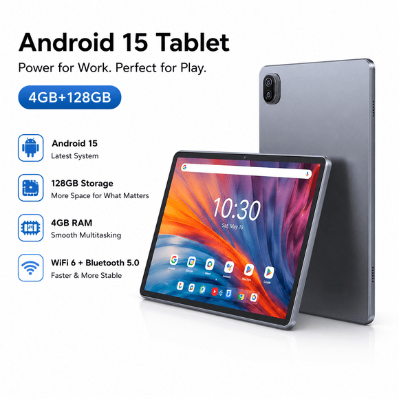 10-Inch Android tablet, Android 15, Octa-core processor, RAM 12GB4G+8G, ROM 128GB (Up to 256GB), 800x1280 HD IPS display, 6000mAh Long Battery