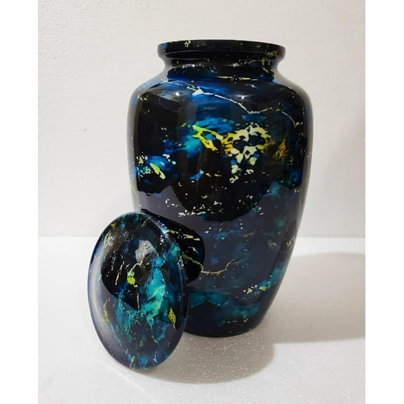 Aquatic Themed Marble Design Urn for Adult Ashes  10 Inch Memorial Urn with Velvet Bag, Perfect for Burial or Home Display