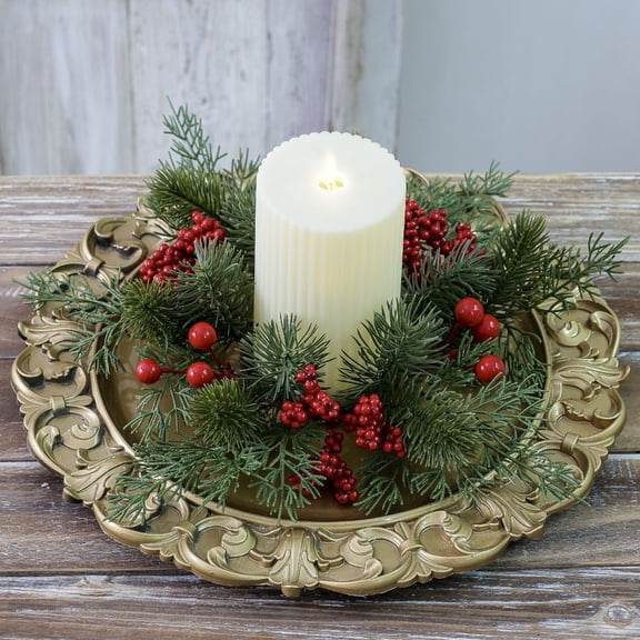 10 Inch Artificial Christmas Candle Rings Cedar Pine Garland Wreaths with Red Berries Pinecones Pine Needles Candle Ring Holder for Christmas Winter Wedding Holiday Table Centerpiece Decorations
